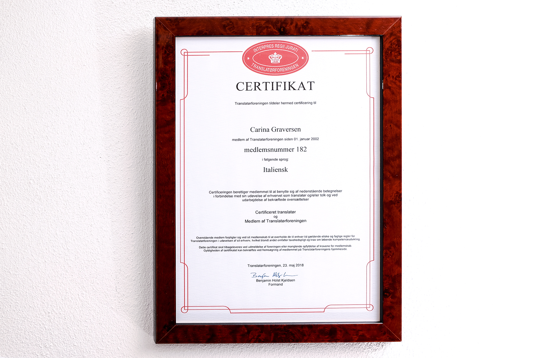Certifikat fra Translatørforeningen for Carina Graversen