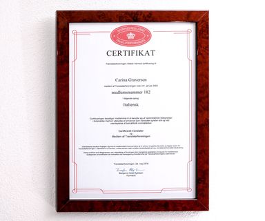 Certifikat fra Translatørforeningen for Carina Graversen